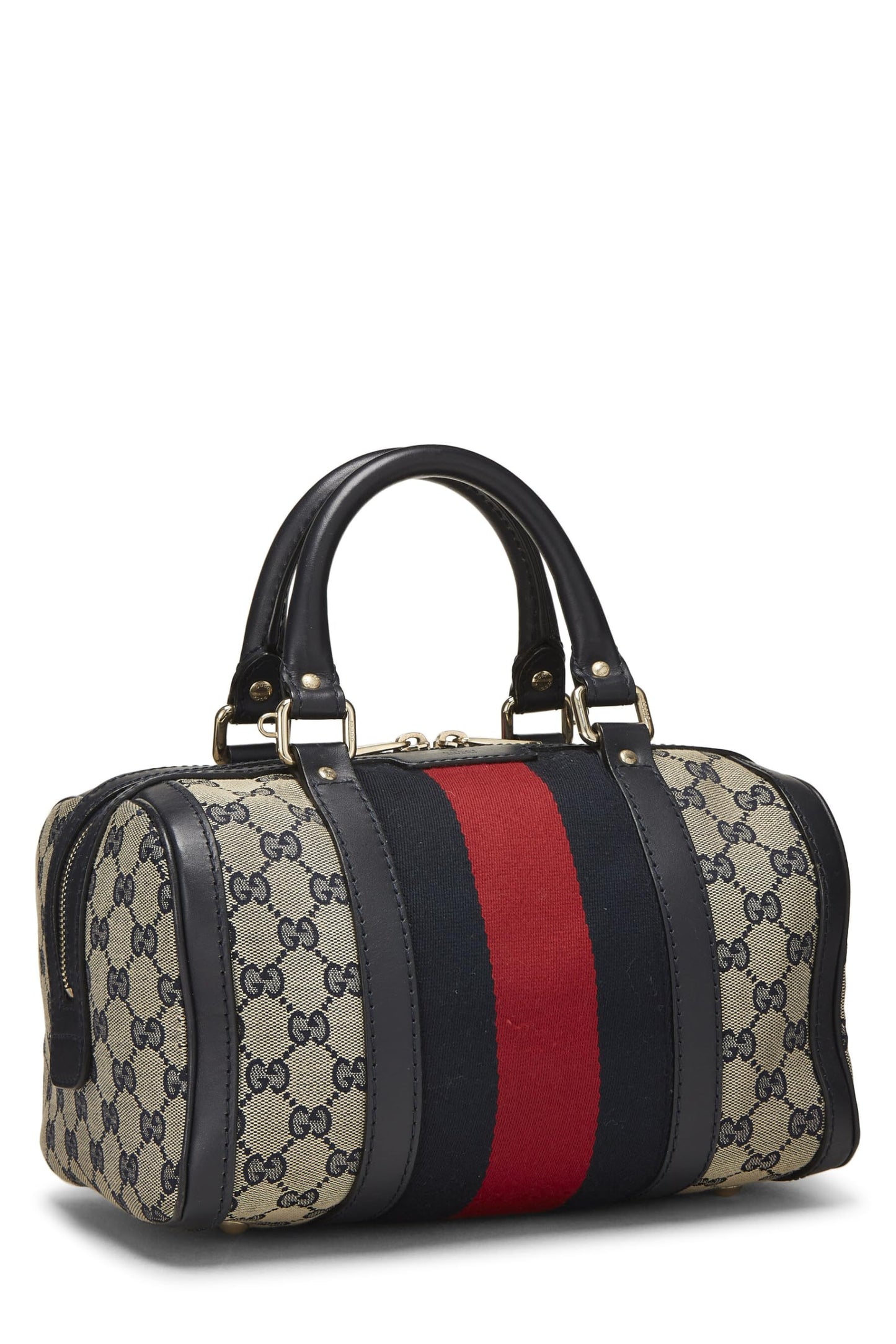 Gucci, sac Boston en toile GG bleu marine d'occasion, petit modèle, bleu marine