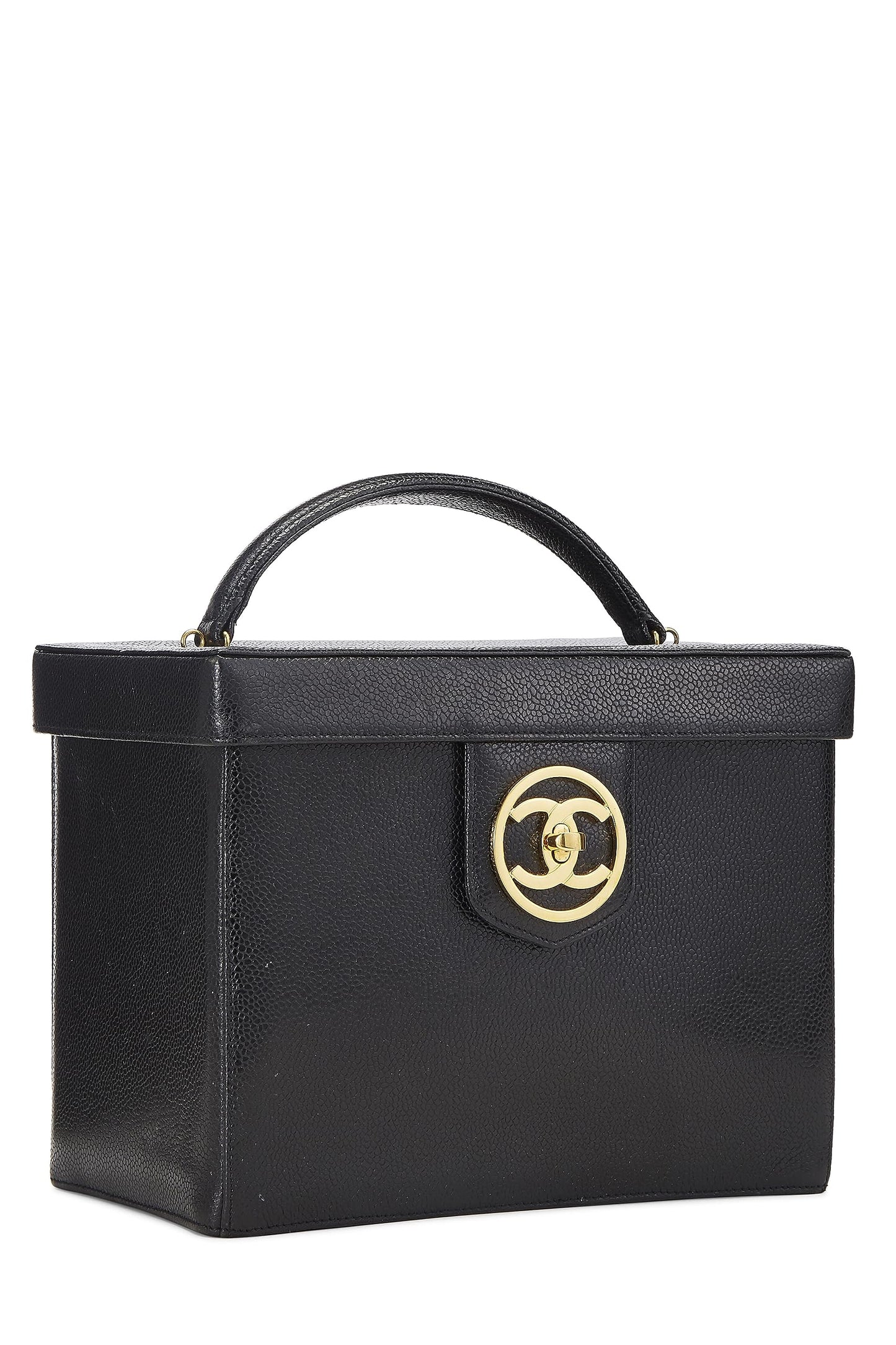 Chanel, trousse de toilette Black Caviar Circle 'CC' d'occasion, grande taille, noire