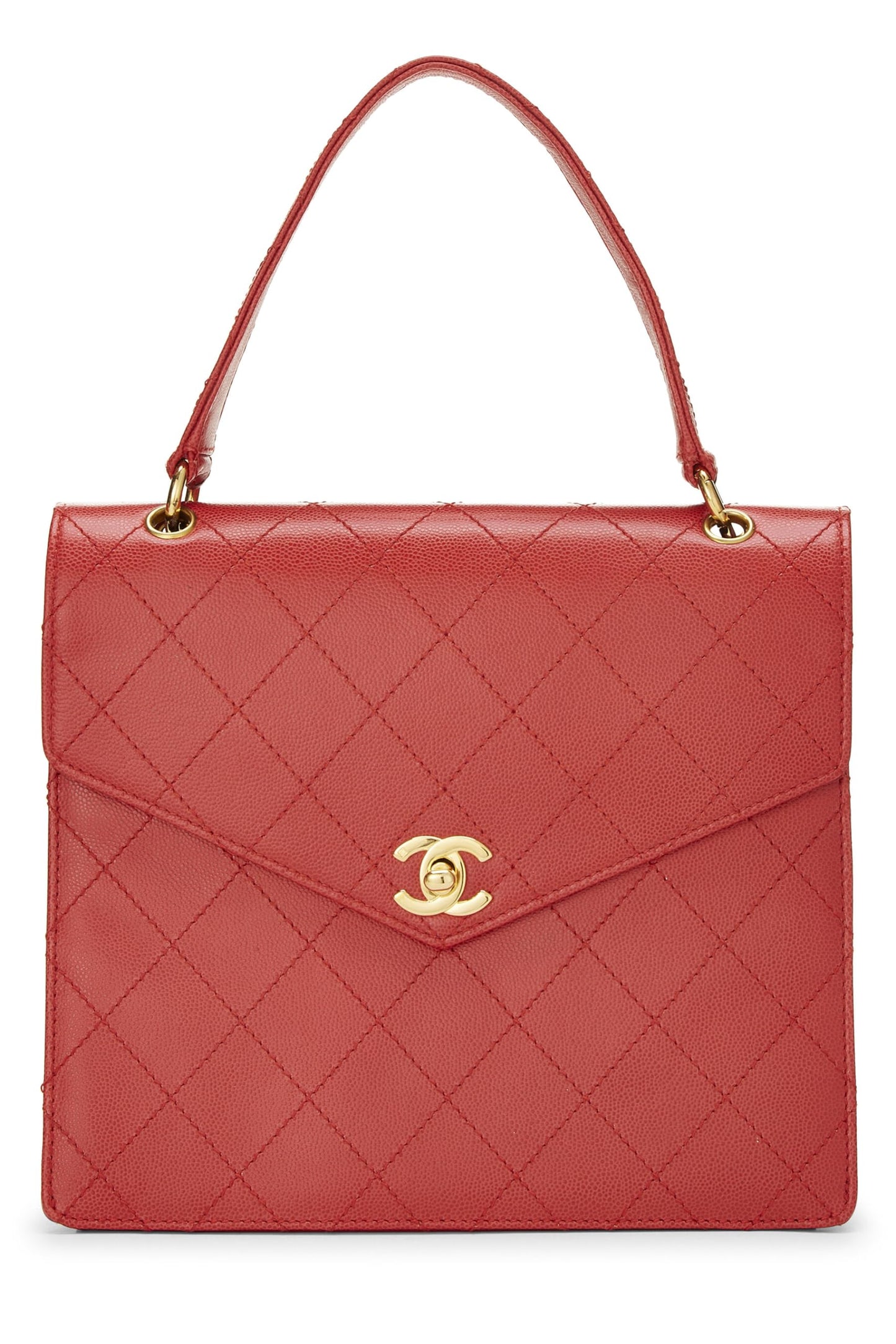 Chanel, sac enveloppe matelassé rouge à rabat et poignée supérieure, d'occasion, rouge