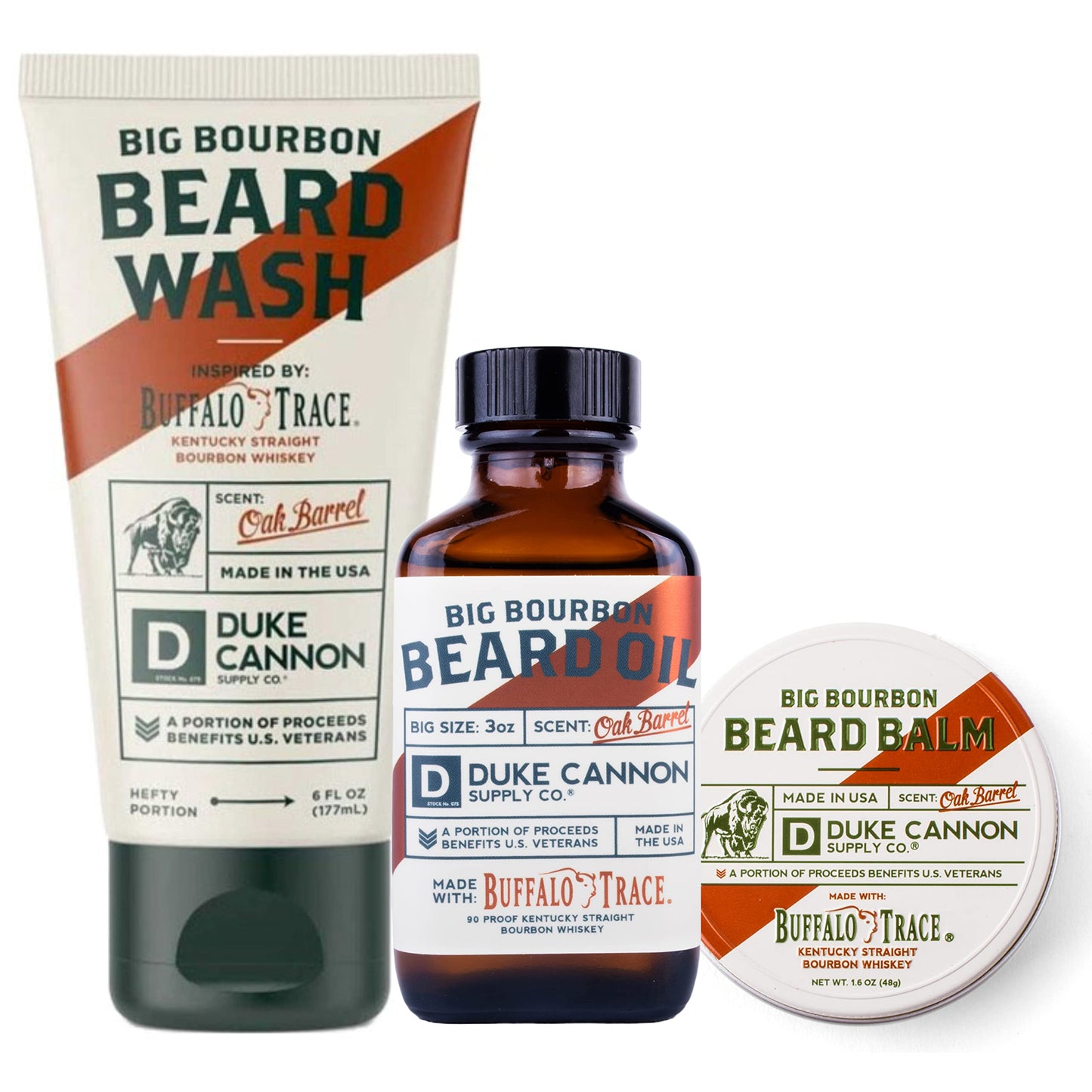 Colección de regalo Big Bourbon Beard Care de Duke Cannon Supply Co. (juego de 3 piezas): gel de baño para barba, bálsamo para barba y aceite para barba de primera calidad para hombres (aroma a barril de roble)