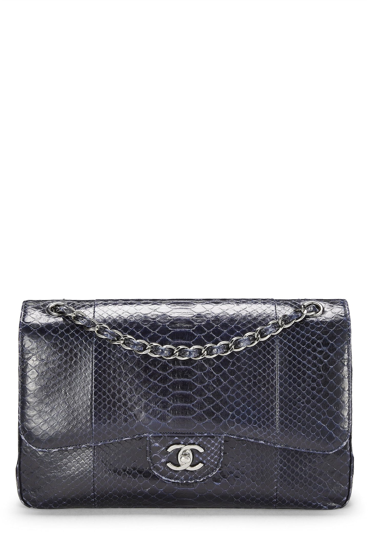 Chanel, Pre-Loved Navy Python New Classic Jumbo con doble solapa, Azul marino