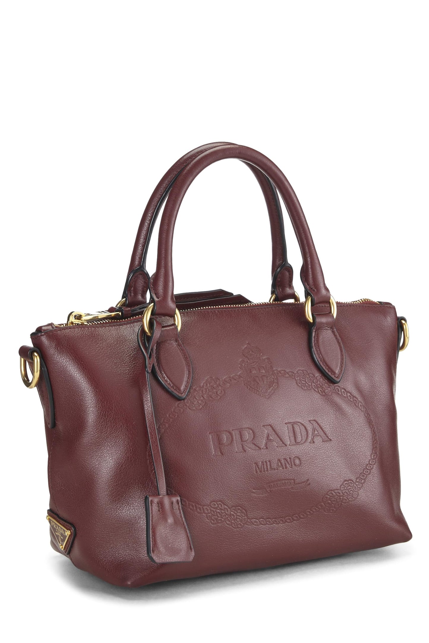 Prada, sac à main convertible en cuir de veau bordeaux avec logo en relief, bordeaux