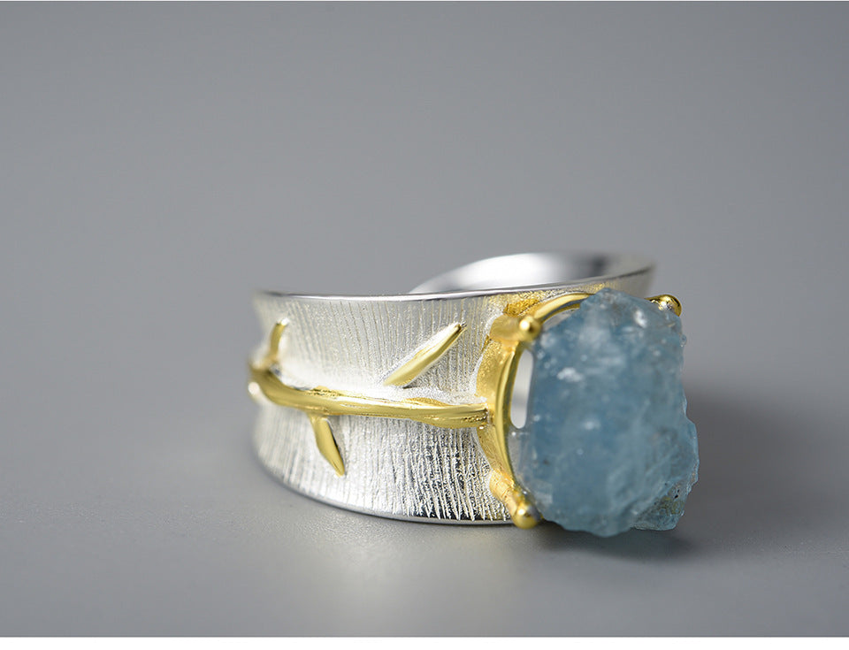 S925 Women's Long Leaf Aquamarine Ring