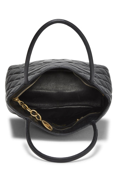 Chanel, sac fourre-tout matelassé noir à médaillon en caviar d'occasion, noir