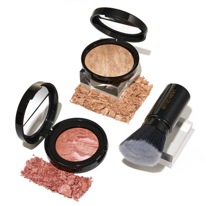 Blush-n-Glow Kit (3 PC): LAURA GELLER NEW YORK Baked Balance-N-Glow Illuminating CC Powder Foundation Light, Retractable Kabuki Brush, Baked Blush-N-Brighten Pink Grapefruit