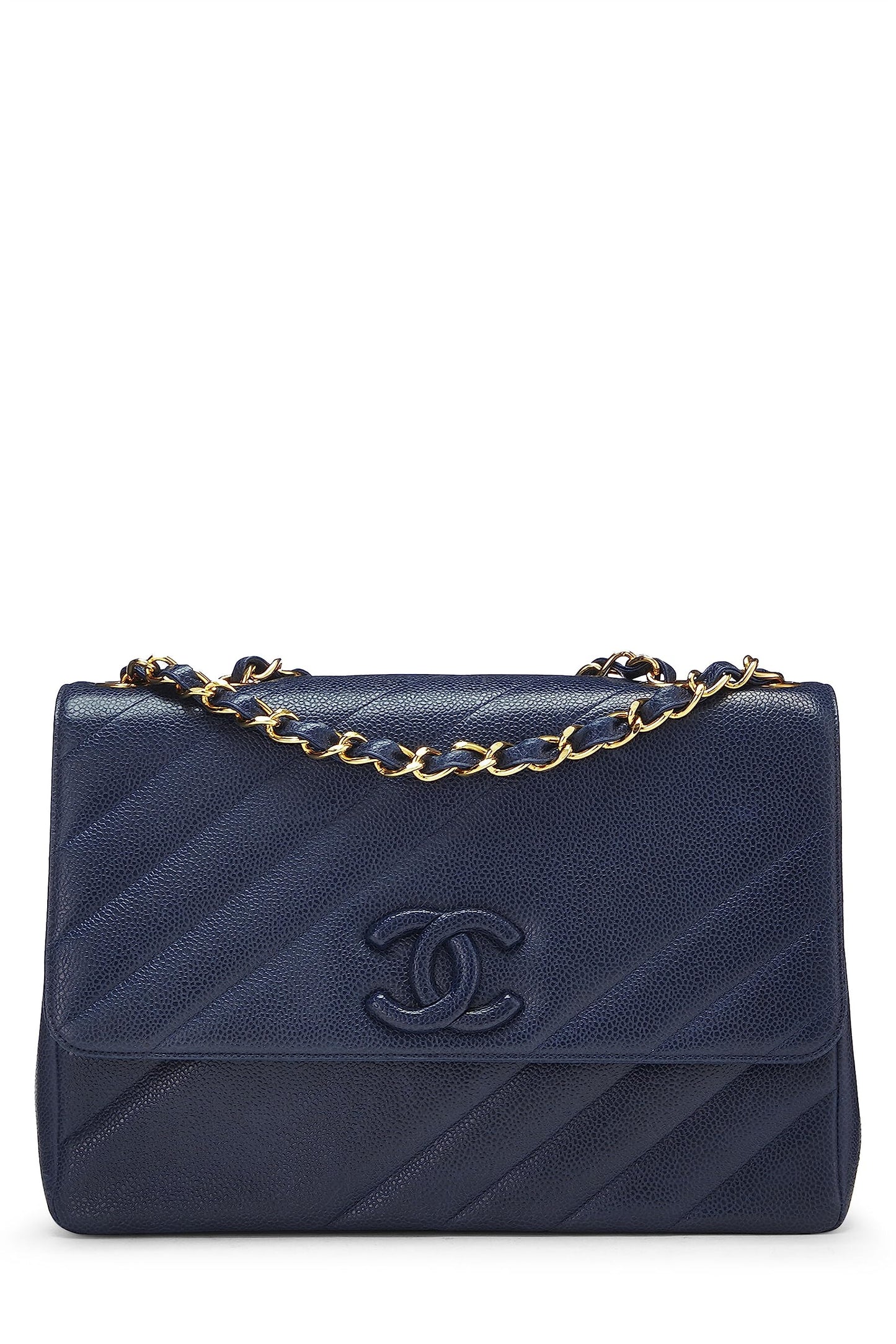 Chanel, sac à rabat géant diagonal en caviar bleu marine d'occasion, bleu