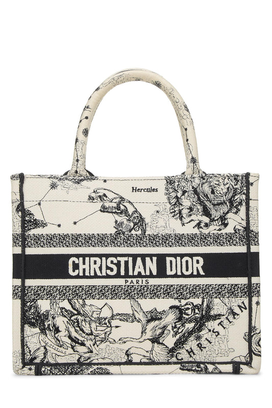 Dior, Pre-Loved Black & White Zodiac Embroidered Canvas Book Tote Small, White