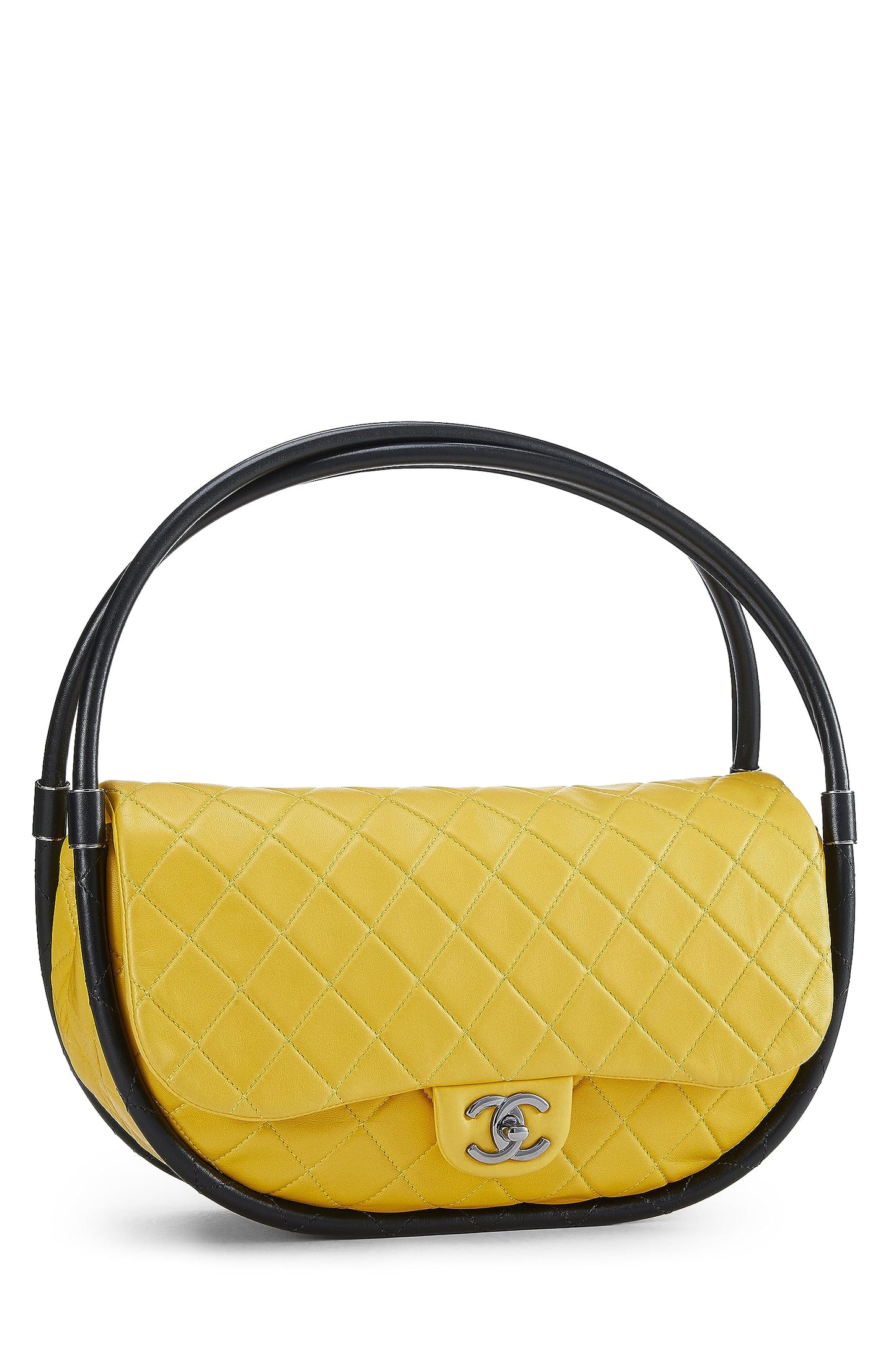 Chanel, sac hula hoop en cuir d'agneau matelassé jaune d'occasion, taille moyenne, jaune