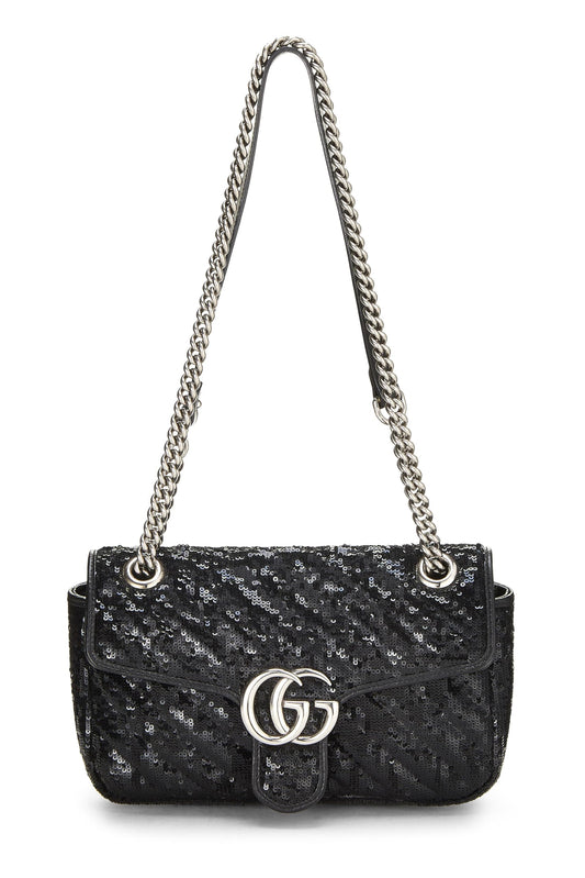 Gucci, sac à bandoulière GG Marmont à sequins noirs d'occasion, petit modèle, noir