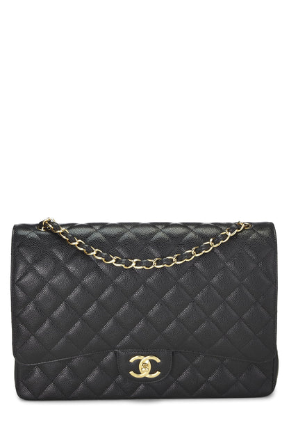 Chanel, Maxi à double rabat matelassé noir New Classic Caviar d'occasion, noir