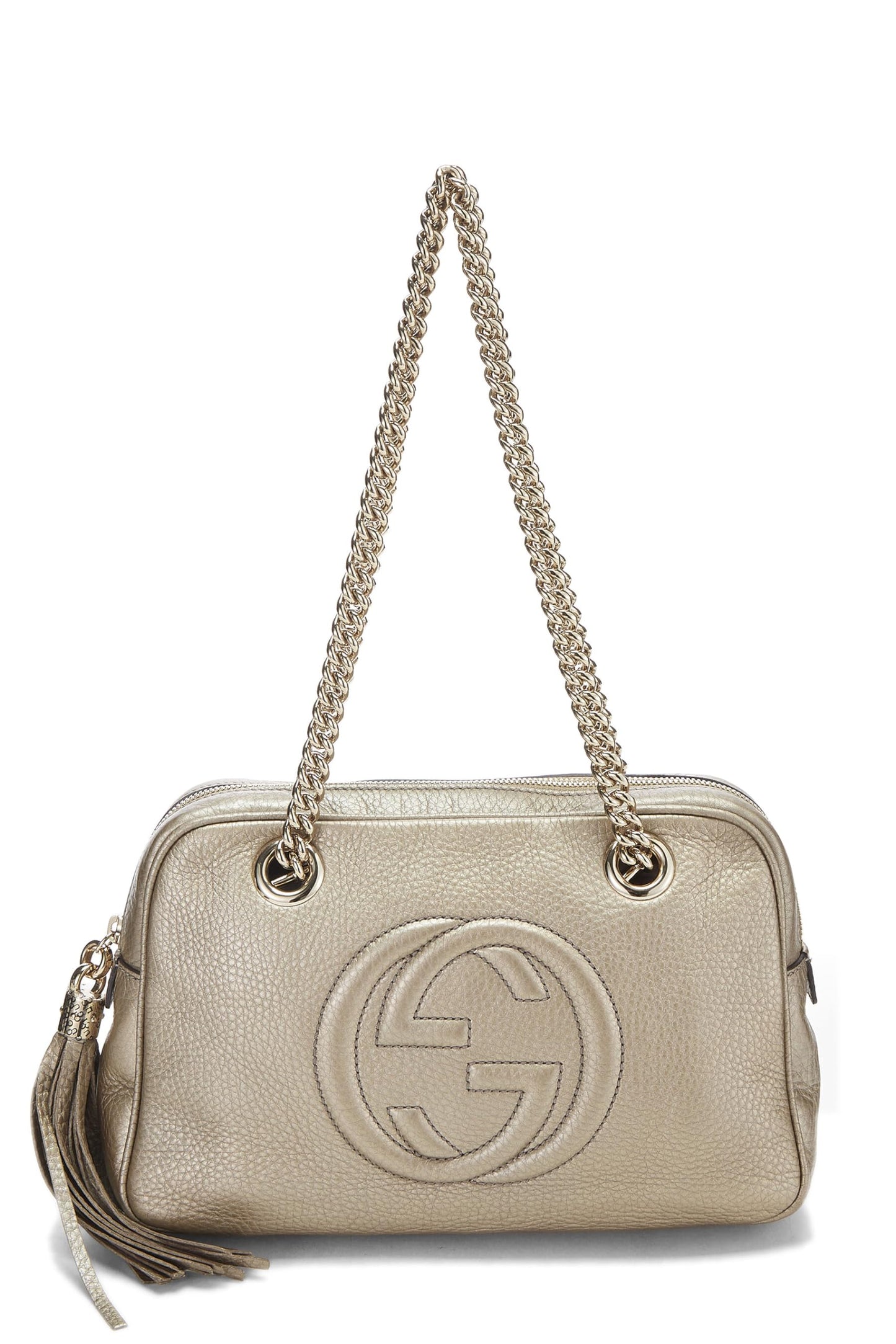 Gucci, Pre-Loved Metallic Grey Leather Soho Chain Tote, Grey