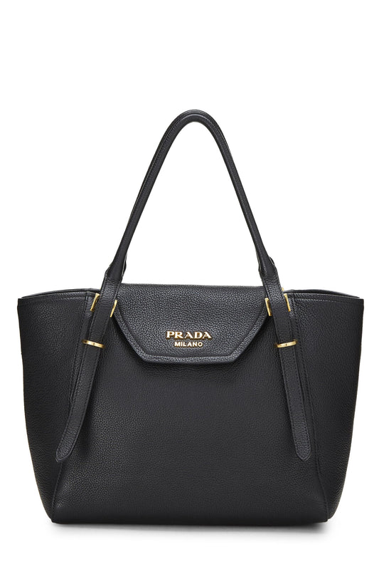 Prada, sac cabas convertible à poignée supérieure Vitello Daino noir d'occasion, noir