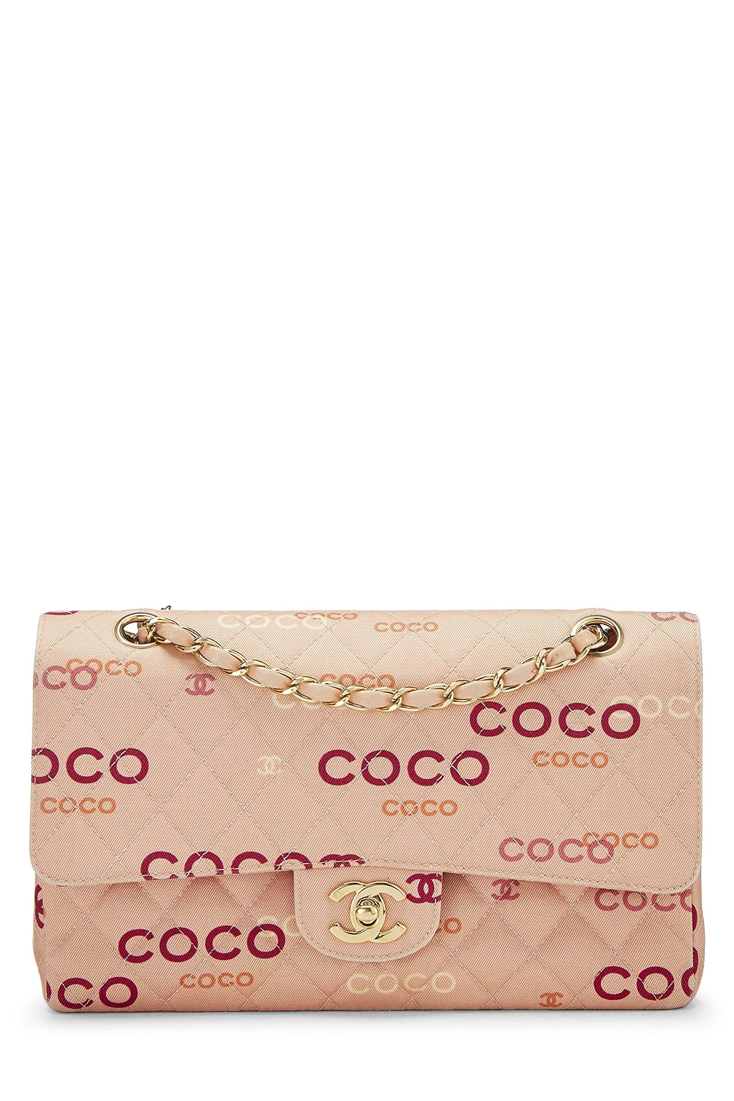 Chanel, Sac à main Coco Classic Double Flap Medium en toile matelassée rose d'occasion, rose