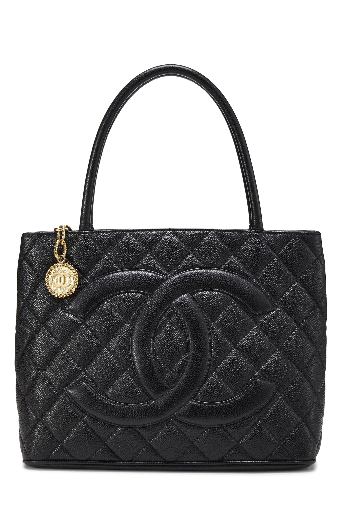 Chanel, sac fourre-tout matelassé noir à médaillon en caviar d'occasion, noir