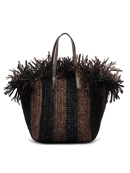 Oscar de la Renta, Tote cuadrado mediano de crochet de rafia a rayas, negro/marrón