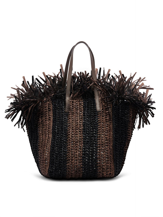 Oscar de la Renta, Medium Striped Raffia Crochet Square Tote, Black/Brown