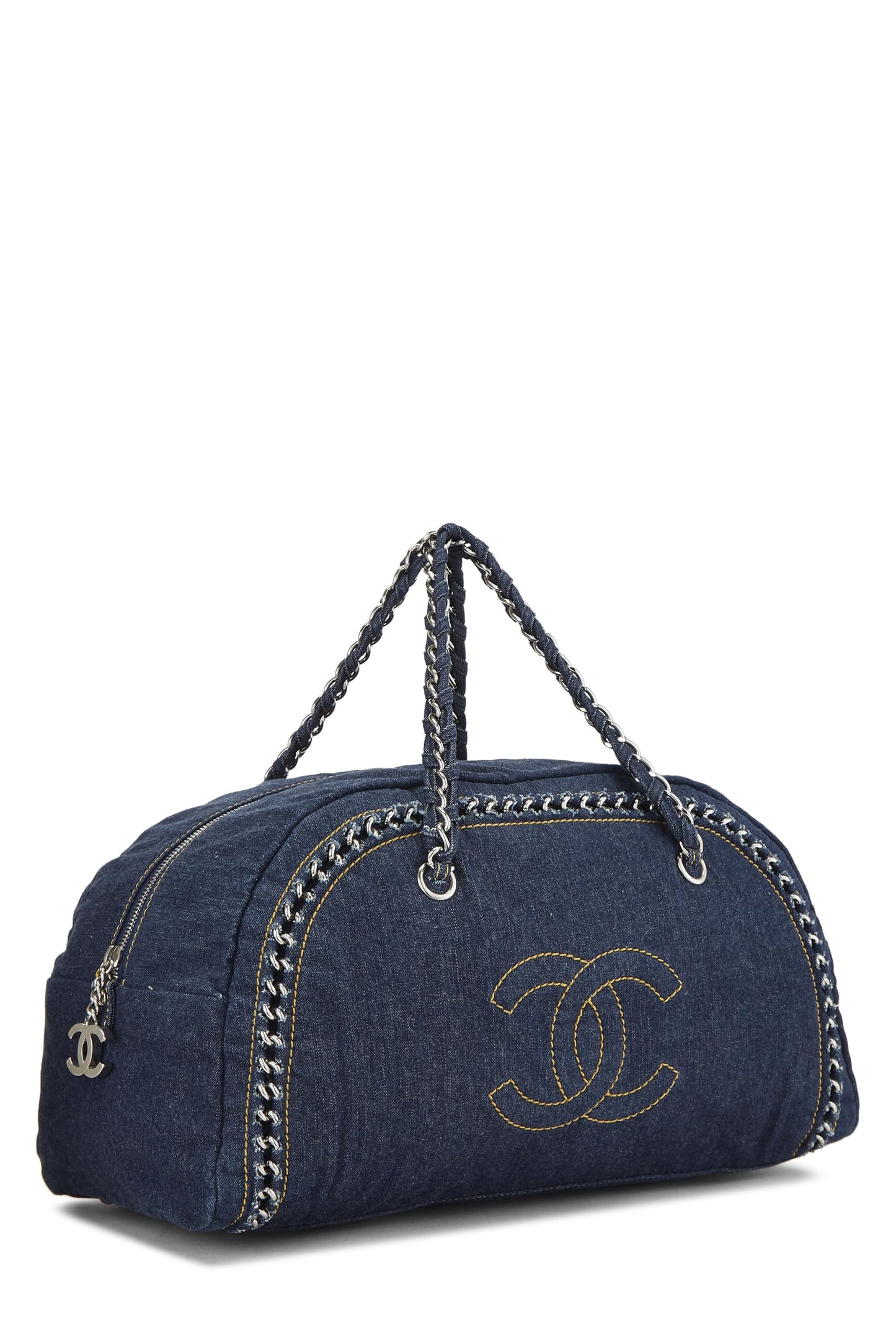 Chanel, sac bowler Luxe Ligne Large en denim bleu d'occasion, bleu