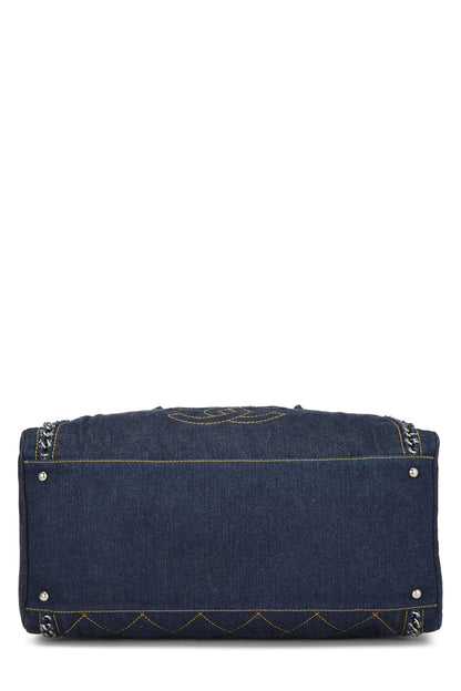 Chanel, sac bowler Luxe Ligne Large en denim bleu d'occasion, bleu