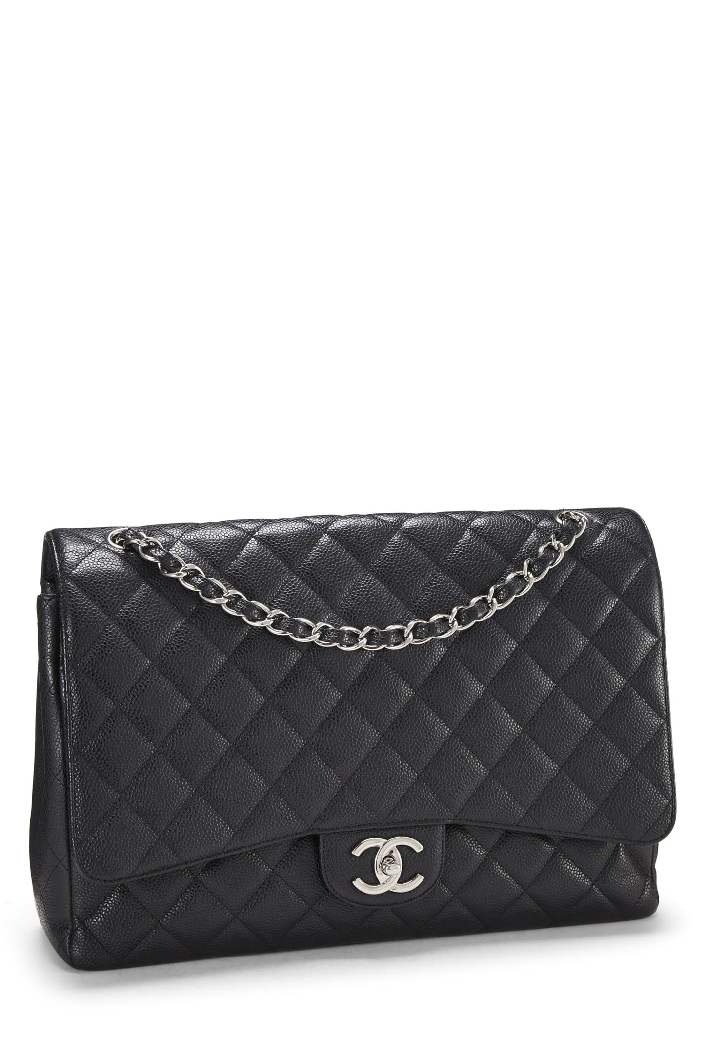 Chanel, Maxi à double rabat matelassé noir New Classic Caviar d'occasion, noir