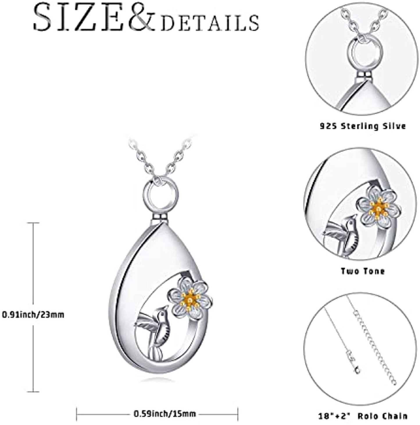 Cremation for Ashes Hummingbird Urn Necklace Teardrop Urn Pendant in Sterling Silver