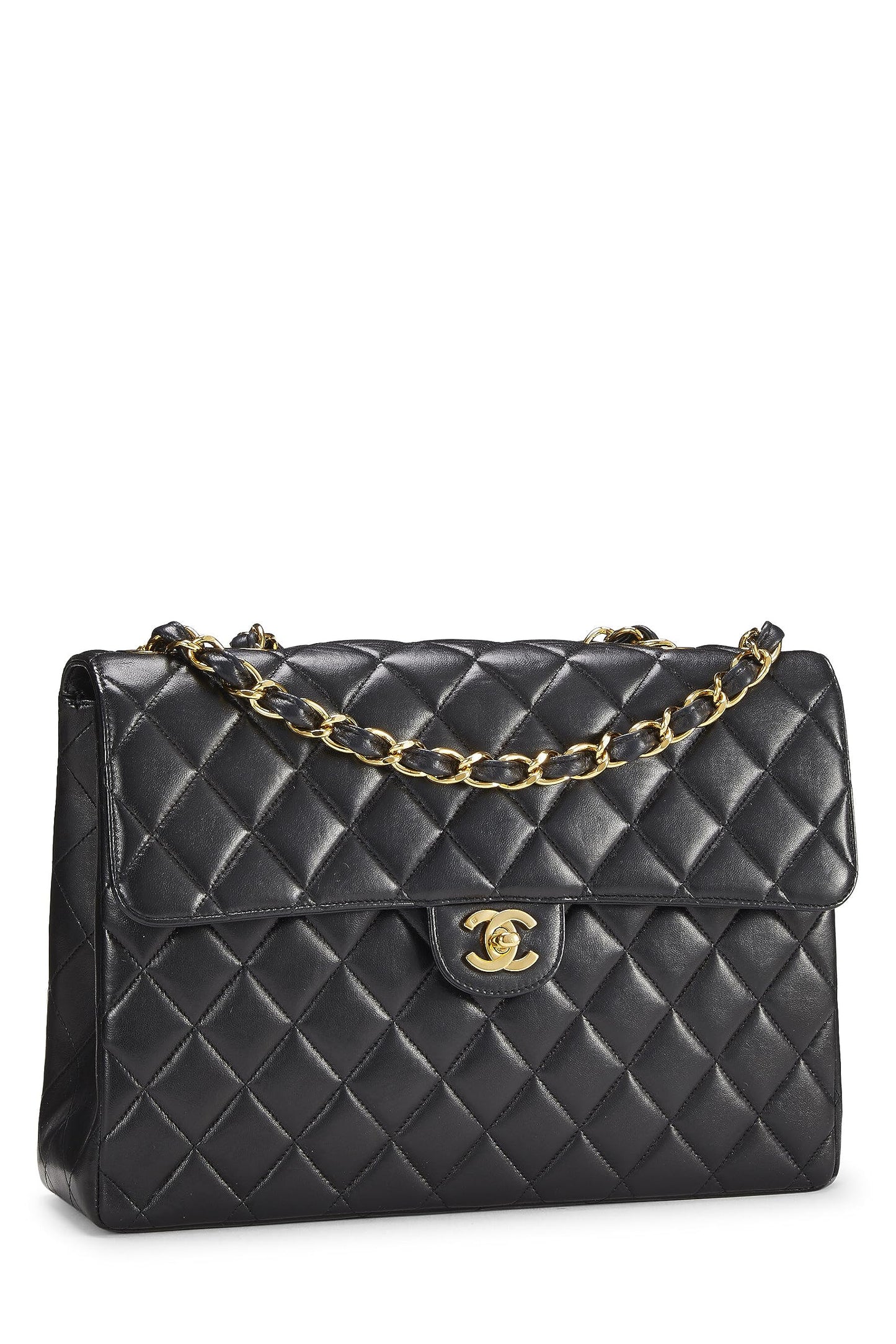 Chanel, Jumbo con media solapa acolchada de piel de cordero negra Pre-Loved, Negro