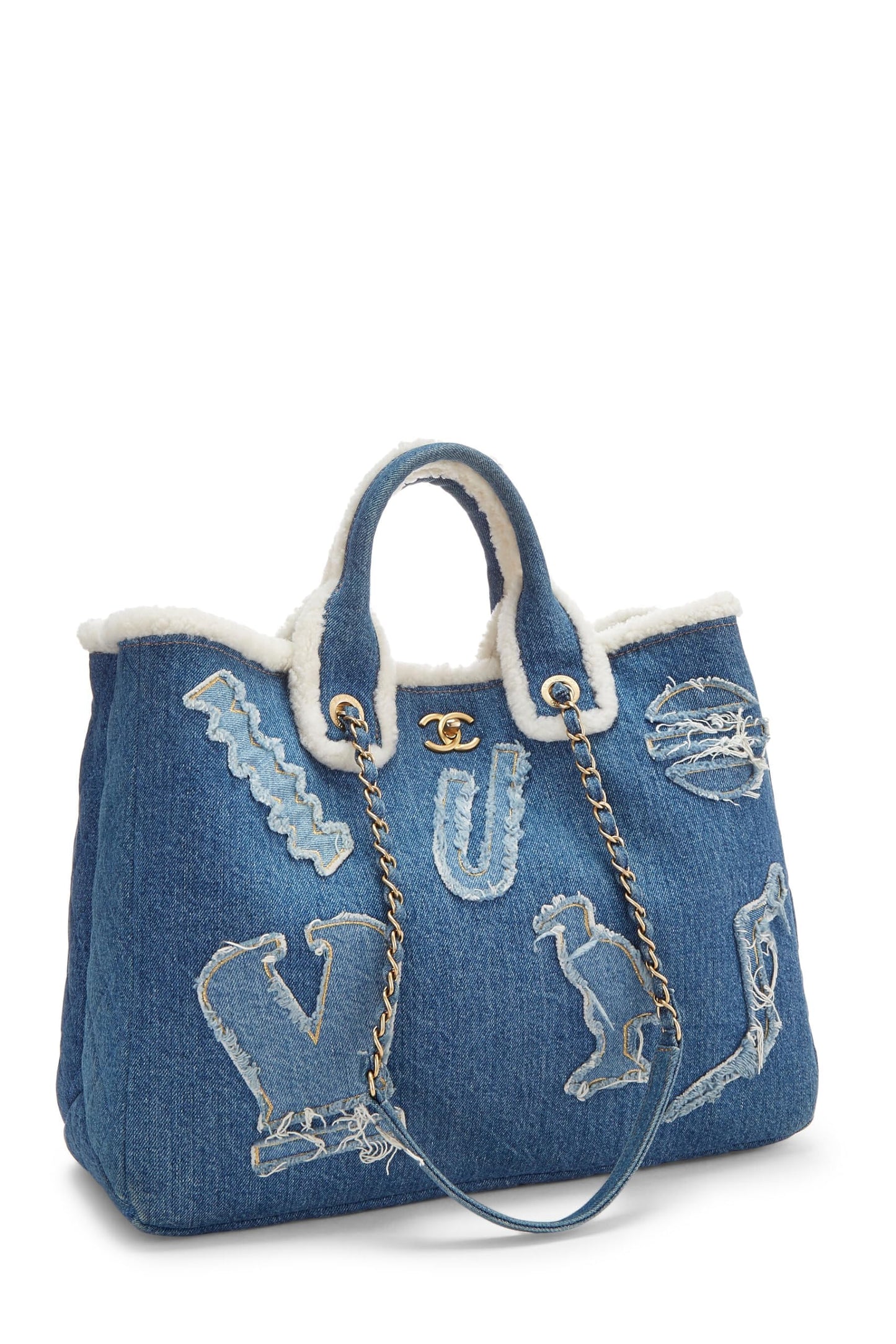 Chanel, Pre-Loved Paris-Egypt Blue Denim & Shearling Hieroglyph Shopping Tote, Blue