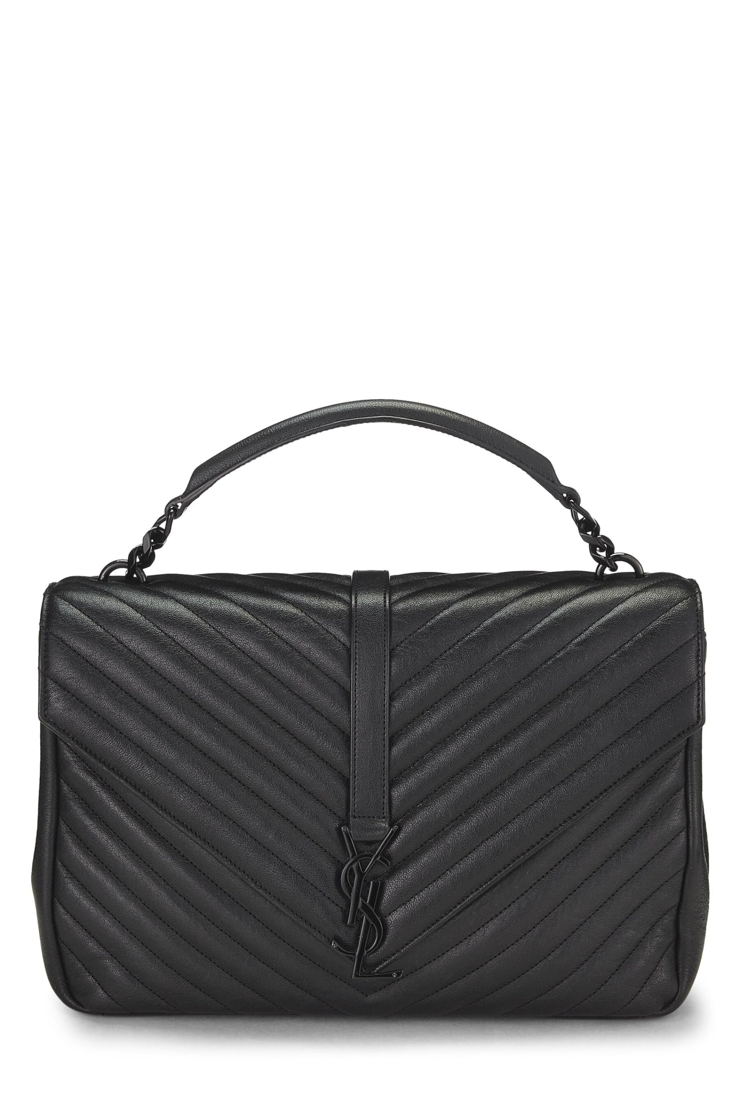 Yves Saint Laurent, Pre-Loved Black Chevron Leather College grande, Negro