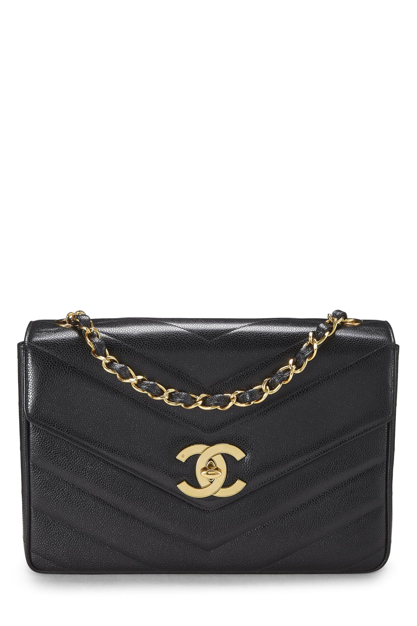 Chanel, Sobre Jumbo con solapa en chevron de caviar negro Pre-Loved, Negro