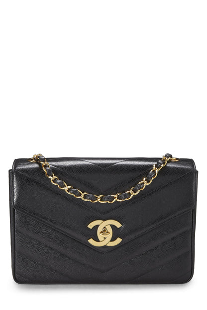 Chanel, Pre-Loved Black Caviar Chevron Envelope Flap Jumbo, Black