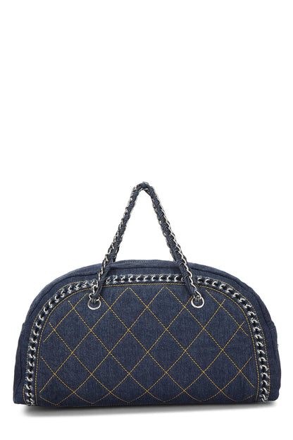 Chanel, sac bowler Luxe Ligne Large en denim bleu d'occasion, bleu