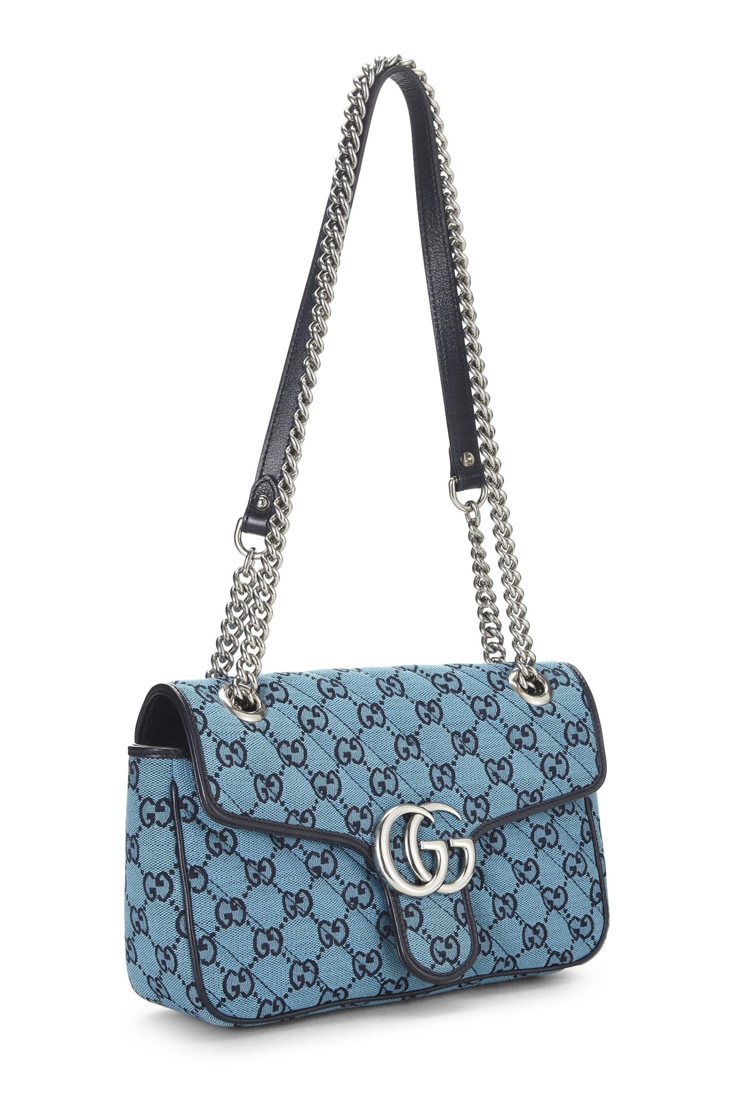 Gucci, sac à bandoulière Marmont en toile GG bleue d'occasion, petit modèle, bleu