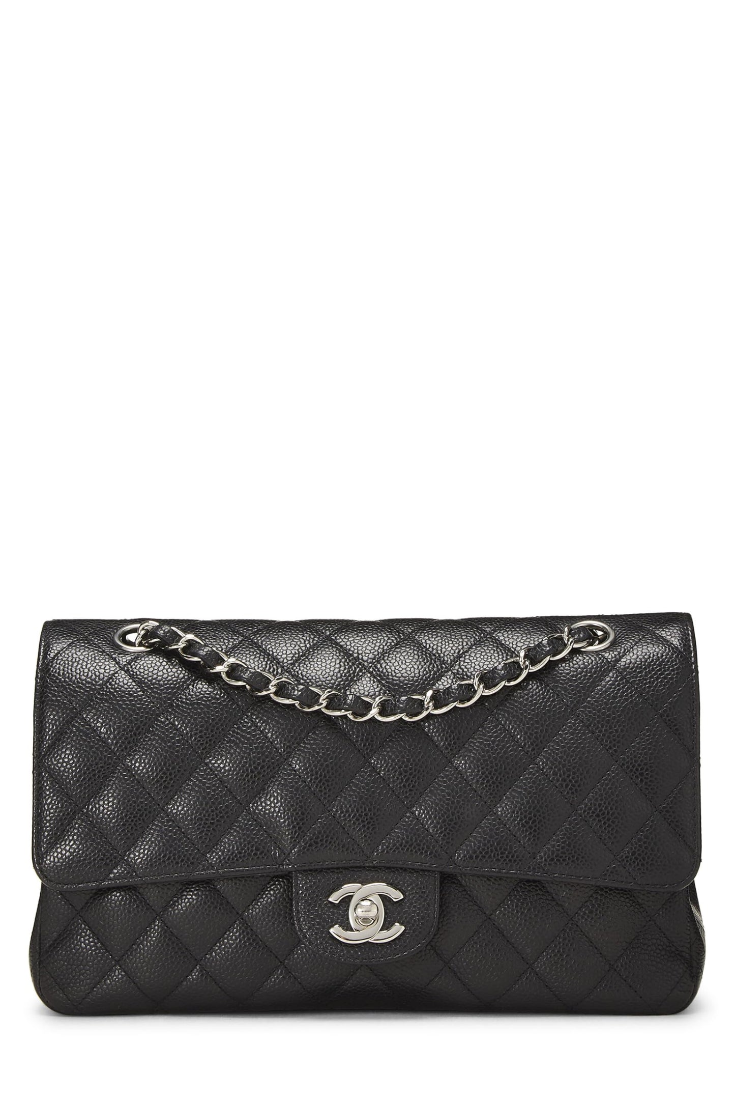 Chanel, sac à main matelassé noir à double rabat classique de taille moyenne, noir