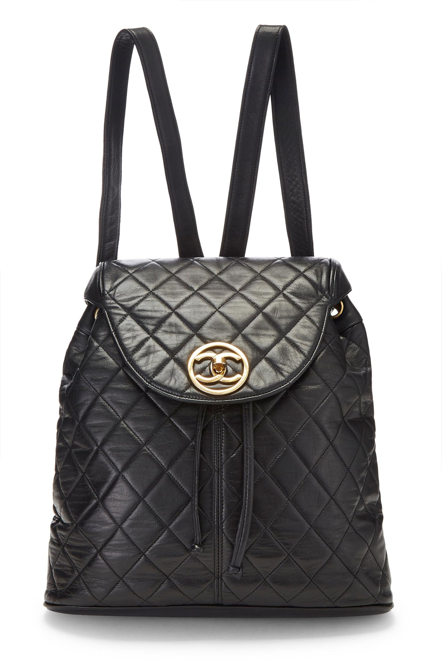 Chanel, sac à dos Circle Lock en cuir d'agneau matelassé noir d'occasion, grand modèle, noir