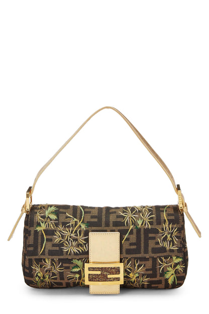 Fendi, Pre-Loved Gold Zucca Canvas Embroidered Baguette, Gold