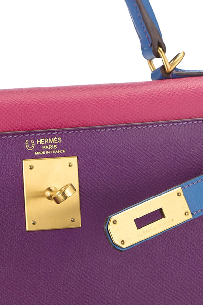 Hermès, Pre-Loved Anemone, Rose Tyrien & Blue France Tricolor Epsom Special Order Kelly Sellier 28, Multi