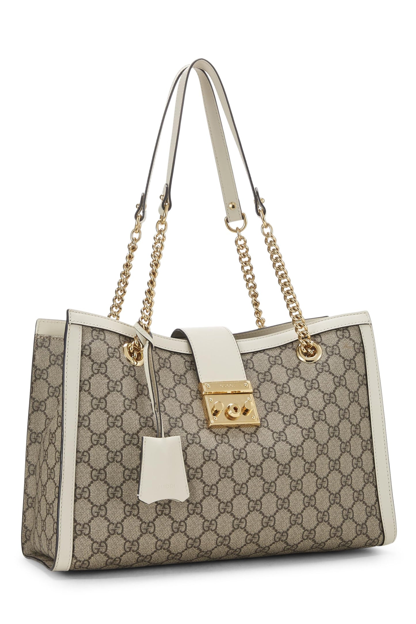 Gucci, Bolso tote mediano con candado de lona GG Supreme original crema Pre-Loved, Blanco