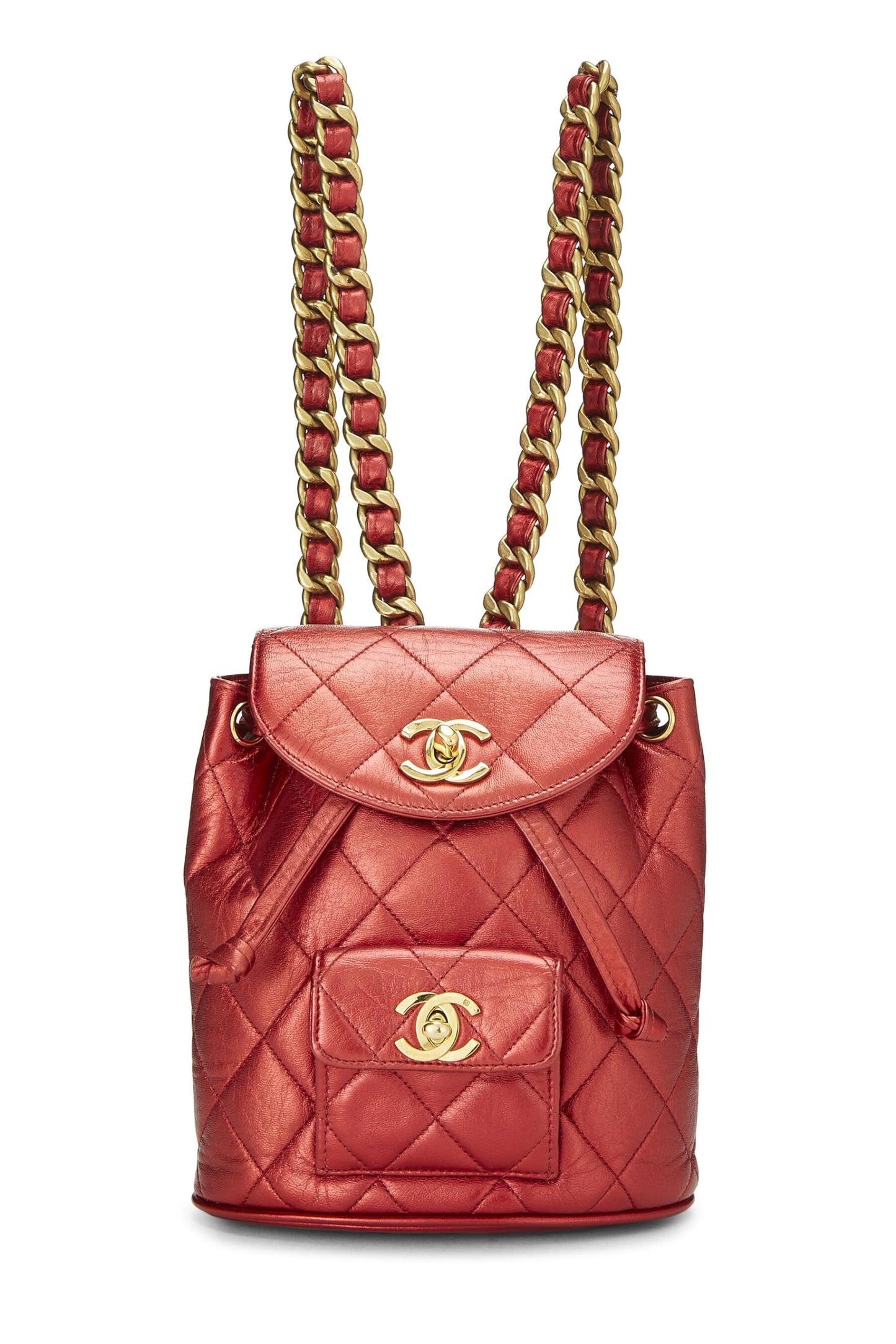 Chanel, Mochila clásica mini de cuero metalizado rojo Pre-Loved, Rojo