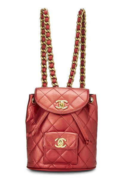 Chanel, Mochila clásica mini de cuero metalizado rojo Pre-Loved, Rojo