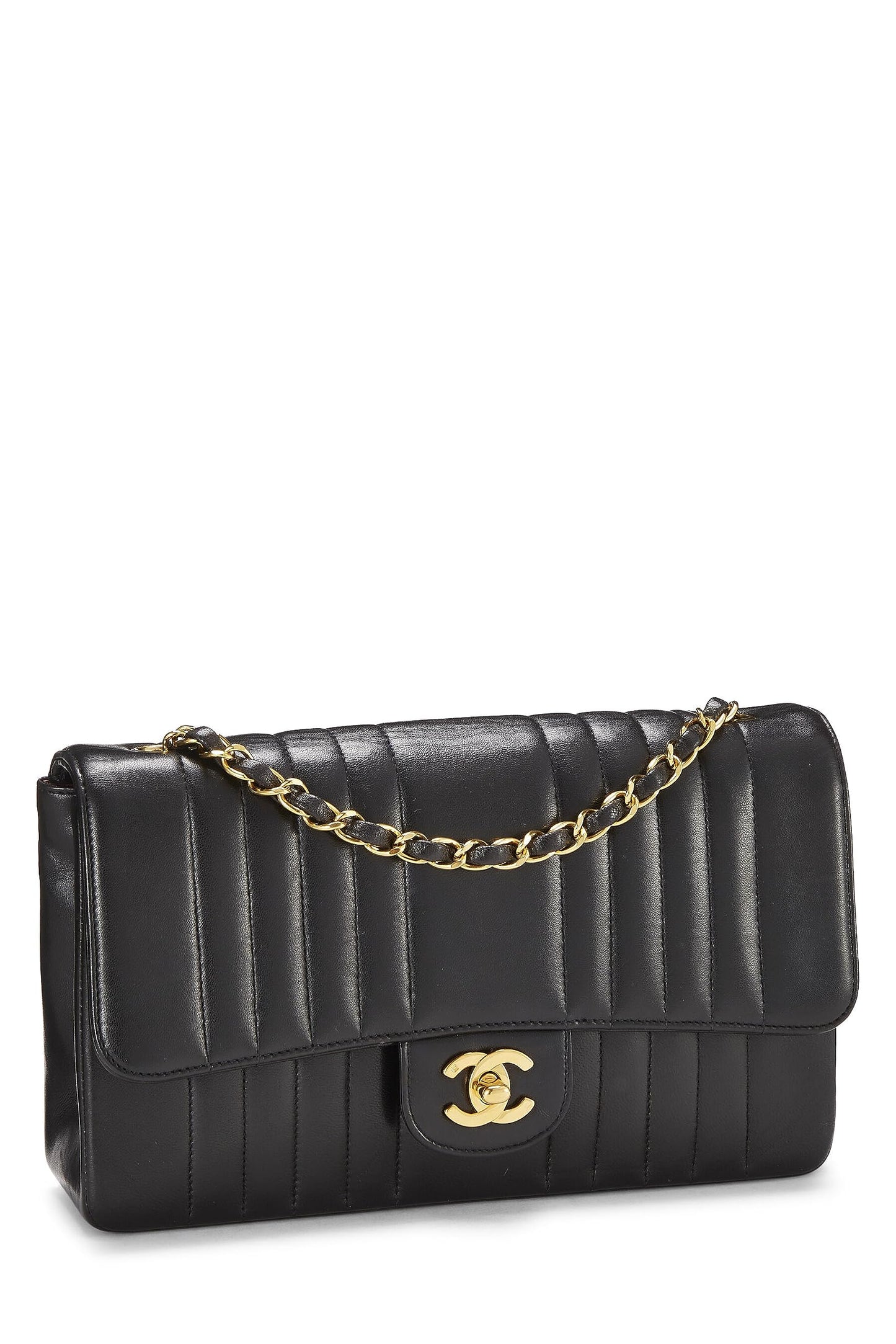 Chanel, sac à rabat classique vertical en cuir d'agneau noir de taille moyenne, d'occasion, noir