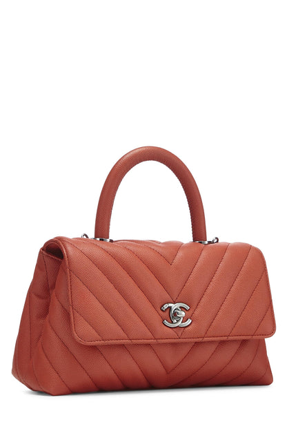 Chanel, Pre-Loved Orange Chevron Caviar Coco Handle Bag Small, Orange