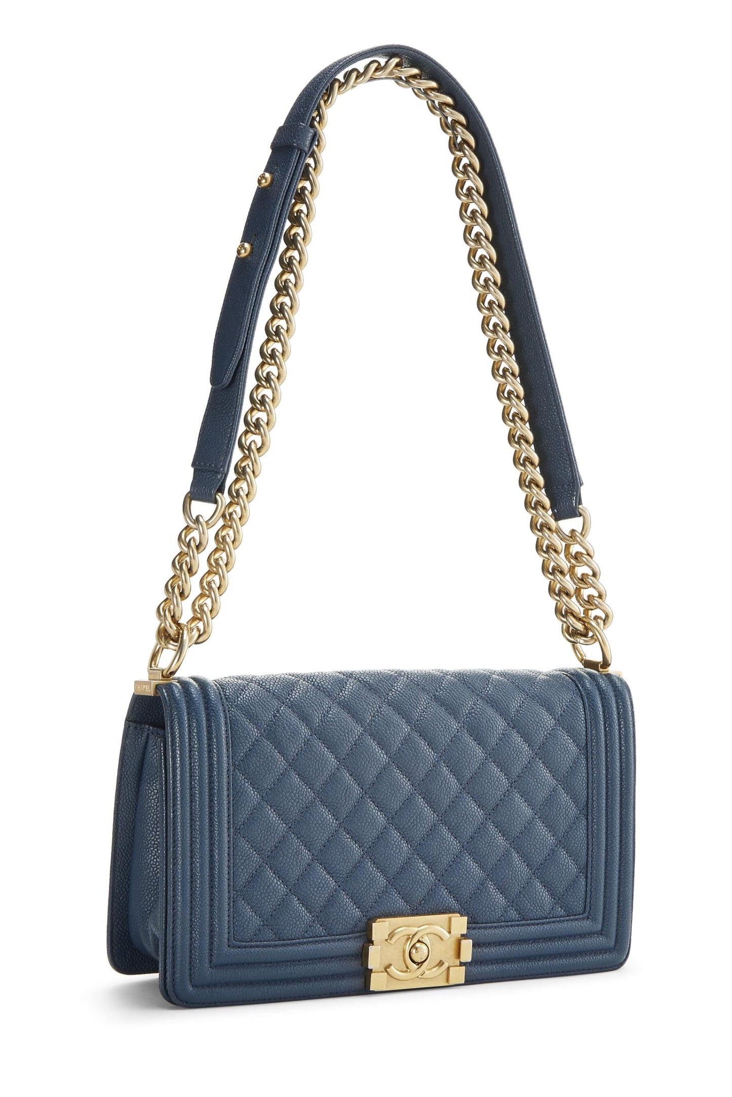 Chanel, sac Boy Caviar matelassé bleu d'occasion de taille moyenne, bleu