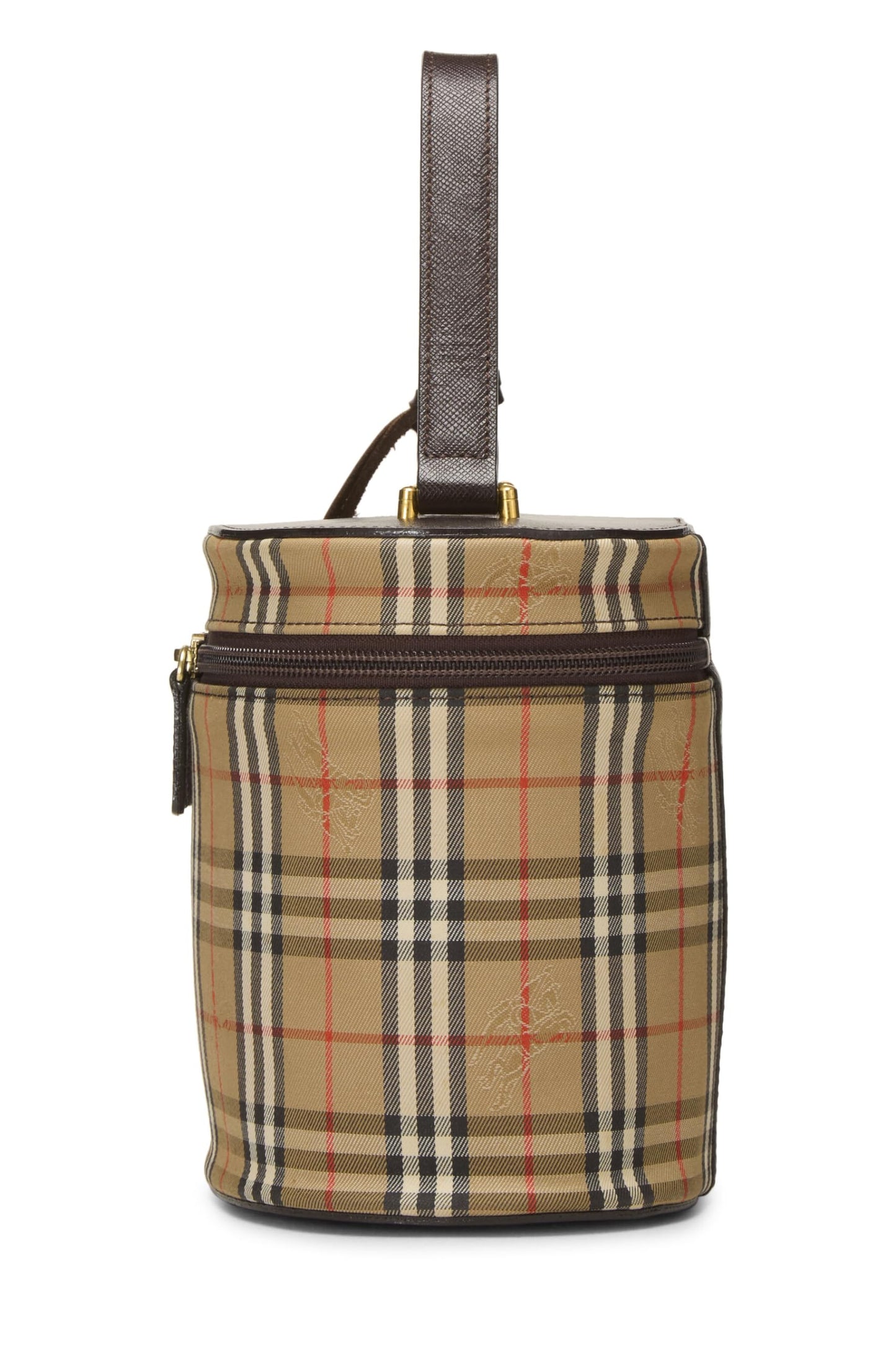 Burberry, trousse de toilette ronde en toile Haymarket marron d'occasion, marron