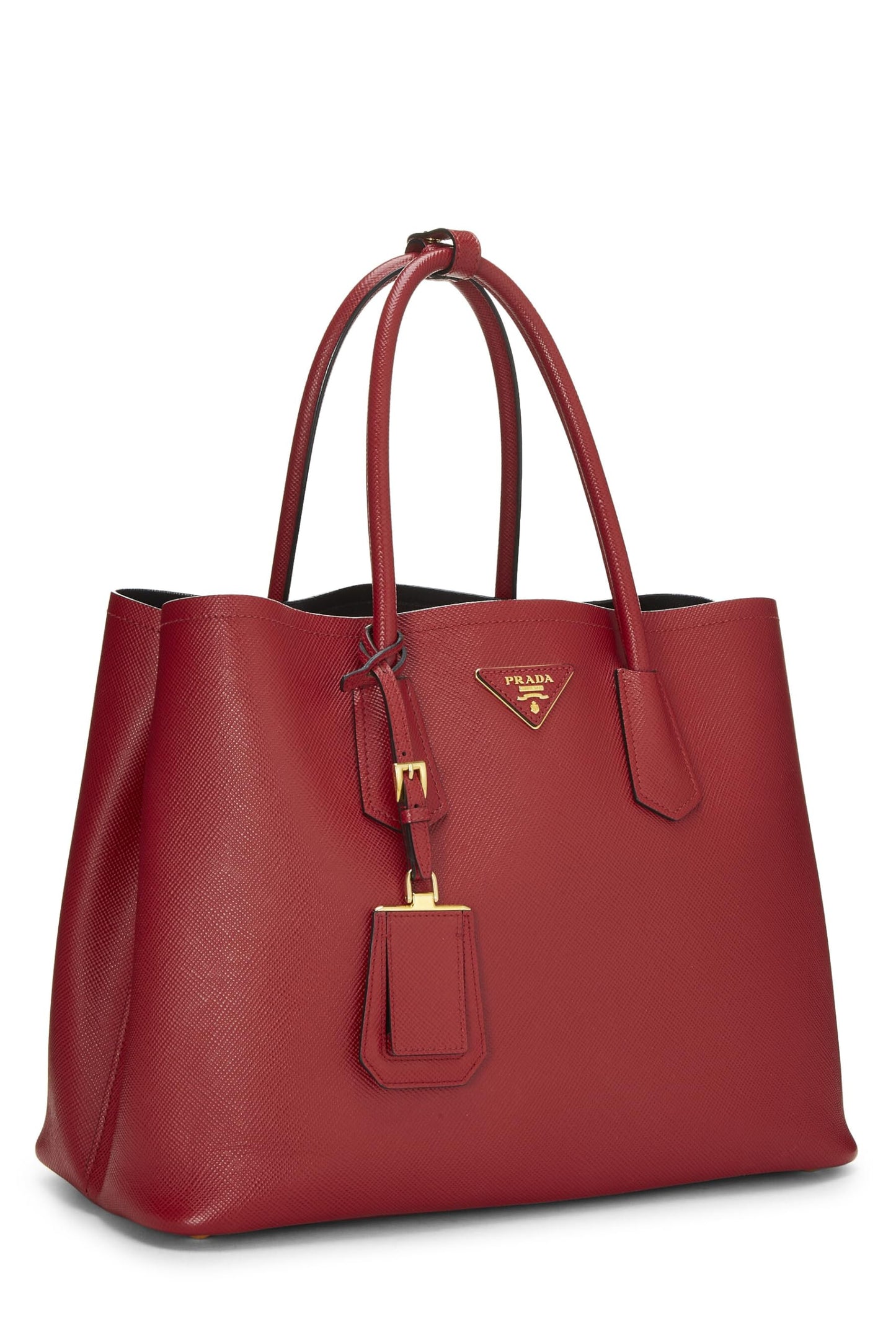 Prada, sac fourre-tout double taille moyenne en cuir Saffiano rouge d'occasion, rouge