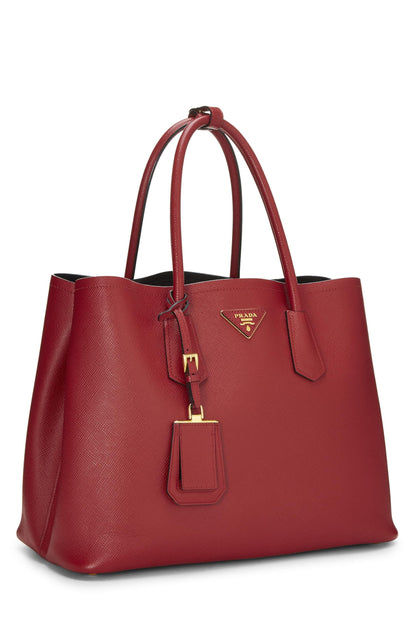 Prada, sac fourre-tout double taille moyenne en cuir Saffiano rouge d'occasion, rouge