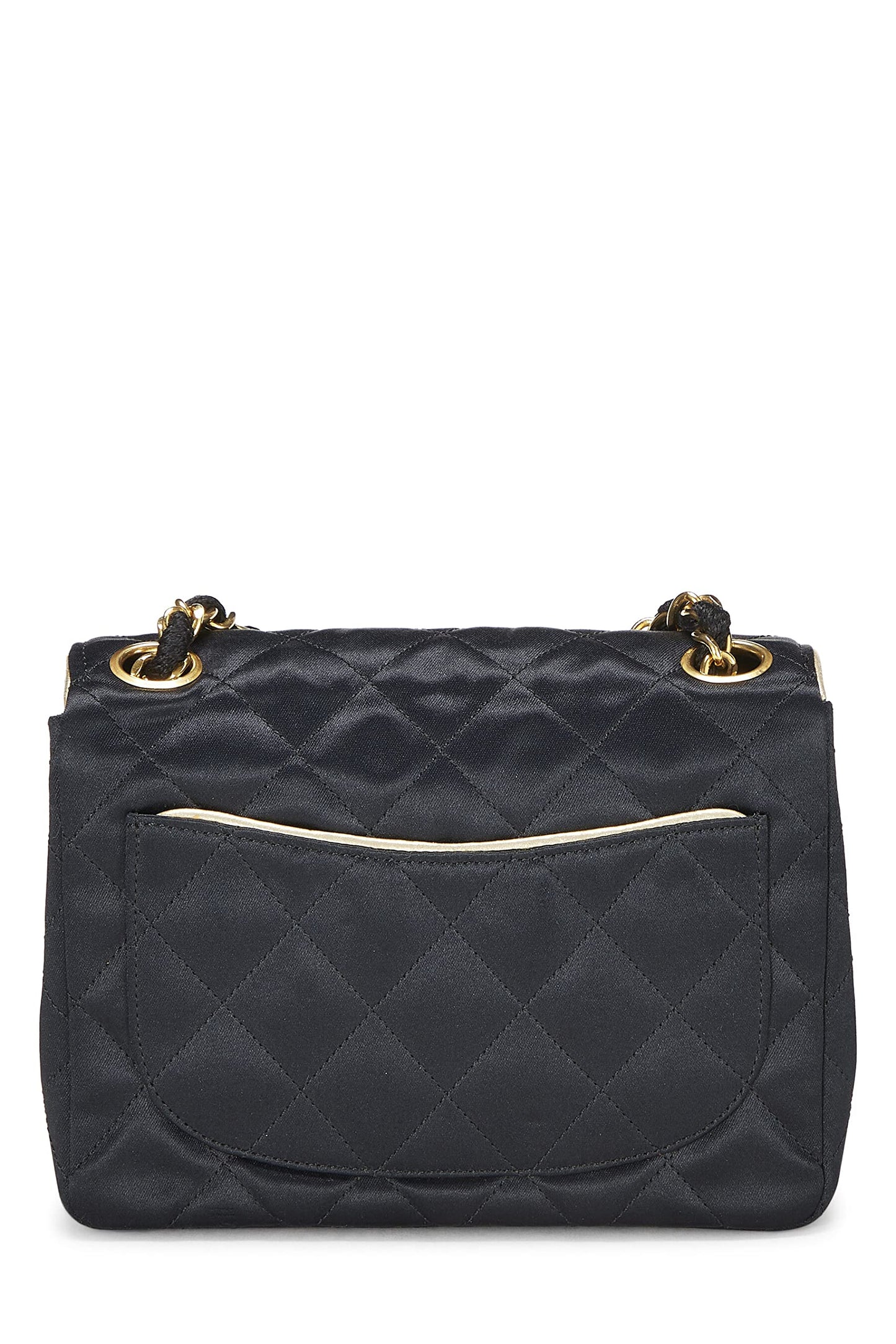 Chanel, Mini sac à rabat à demi-patte en satin matelassé noir d'occasion, noir