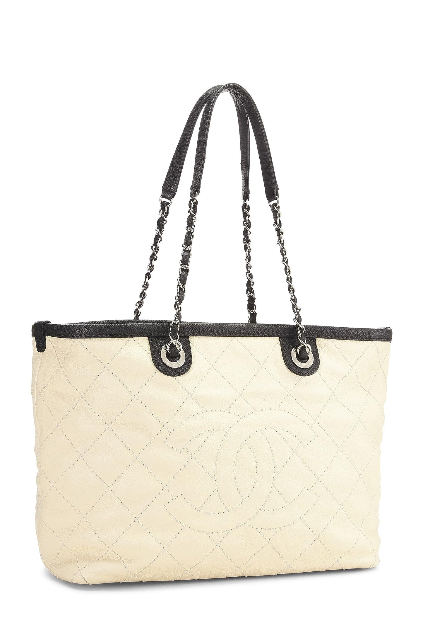 Chanel, sac fourre-tout quotidien « CC » Cream Caviar d'occasion, petit, blanc