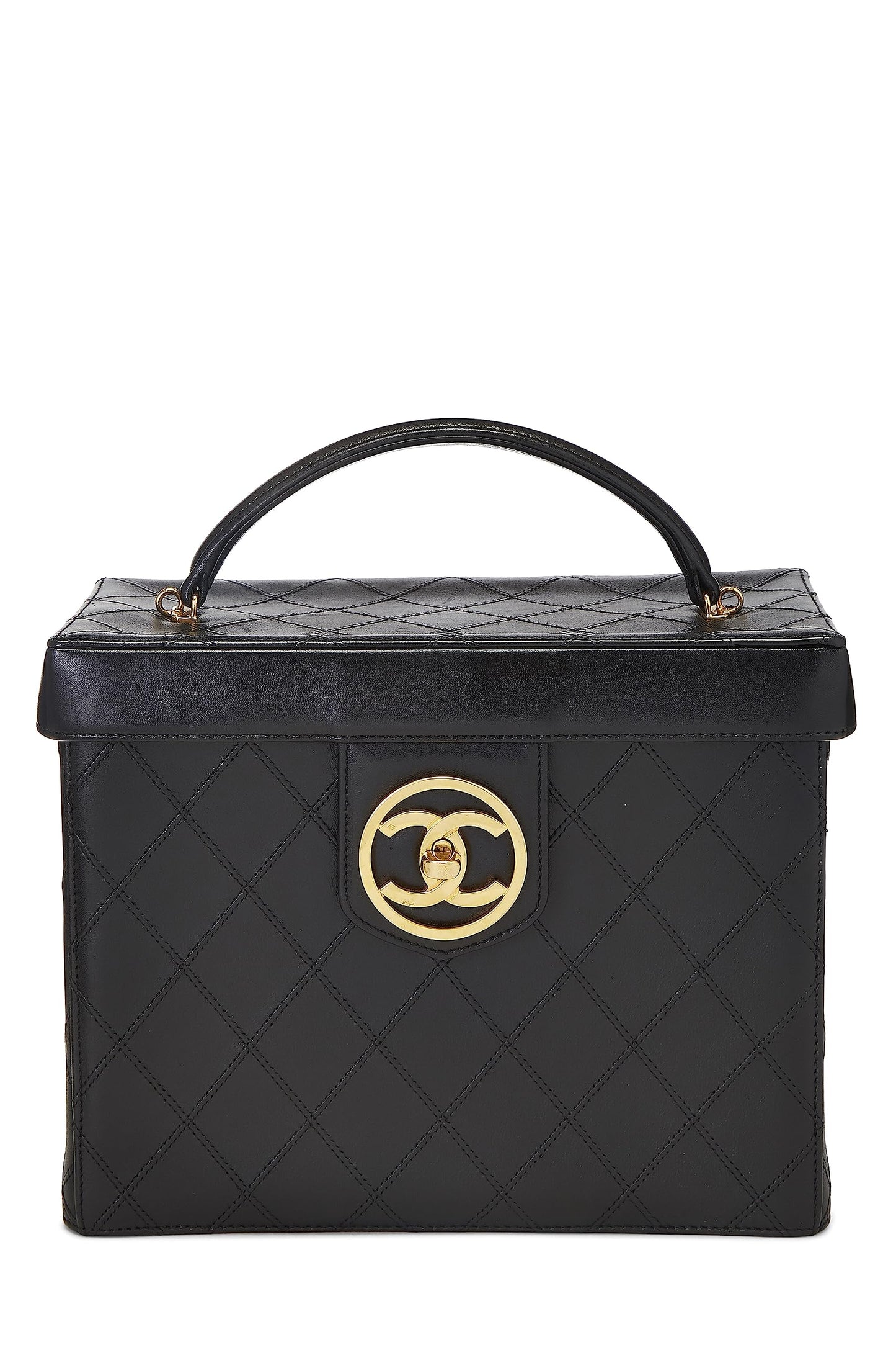 Chanel, trousse de toilette ronde « CC » en cuir d'agneau noir d'occasion, grande taille, noir