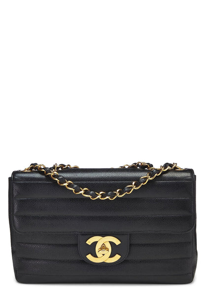 Chanel, sac à main Jumbo à demi-rabat horizontal noir caviar d'occasion, noir