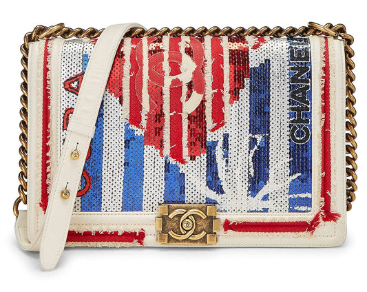 Chanel, sac à main Boy Paris-Cuba rouge et bleu à sequins taille moyenne, multicolore