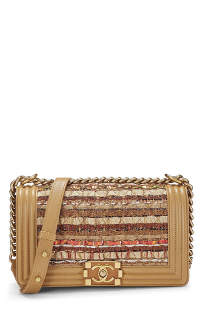 Chanel, sac Boy en tweed beige d'occasion de taille moyenne, beige